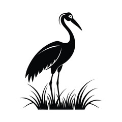Black and White Heron Bird Silhouette with Grass – Vector Illustration