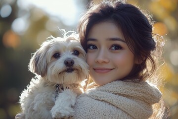 Young woman smiles while holding a small dog in a sunlit outdoor setting with soft bokeh effects in the background