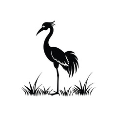 Black and White Heron Bird Silhouette with Grass – Vector Illustration