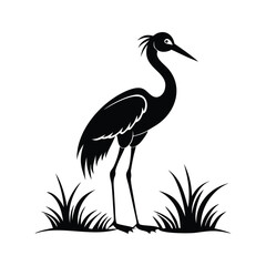 Black and White Heron Bird Silhouette with Grass – Vector Illustration