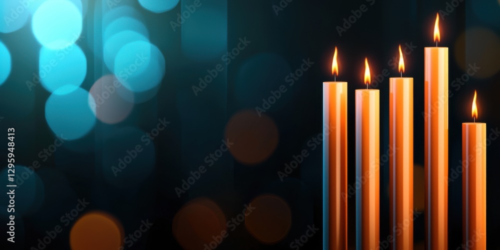 Poster a serene image featuring five glowing candles against a soft, bokeh background, creating a warm and 