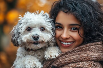 Joyful moment with a dog in autumn park captured in beautiful golden light