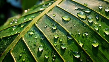 A close-up of a tropical leaf with dew drops, capturing the fine details of the leaf veins and the fresh, vibrant texture.