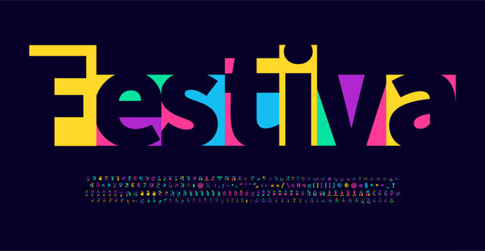 Festival colorful alphabet, art colored letters, joyful funny font for bright geometric logo, Mexican or Indian fest headline, birthday greeting card, school project design. Vector typographic design.