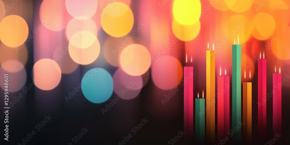 Poster a vibrant display of colorful candles against a backdrop of soft, blurred lights, creating a warm an