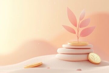 A gold coin plant growing on stacked zen rocks concept