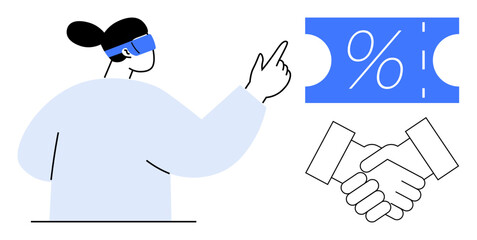 Woman with augmented reality headset pointing at discount coupon, with handshake icon symbolizing virtual agreement. Ideal for e-commerce, business innovation, digital transactions, AR technology