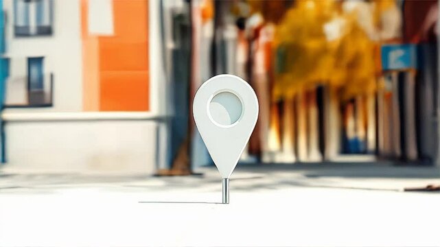 A photo showcasing a 3D navigation GPS pin point marker, a street route map symbol with asphalt road pointer. Candid street photography style, with warm terracotta and cool teal tones.