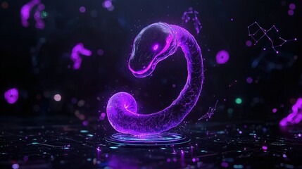 A glowing translucent purple serpent stands on a technological platform