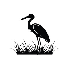 Black and White Heron Bird Silhouette with Grass – Vector Illustration