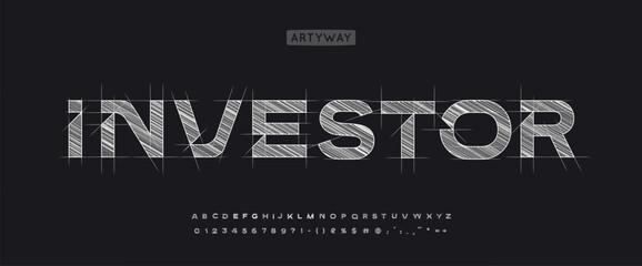 Architectural project font, technical draw style alphabet. Geometrical typography. Wireframe letters, typographic design with draft strokes for real estate investment logo, headline. Vector typeset. © artyway