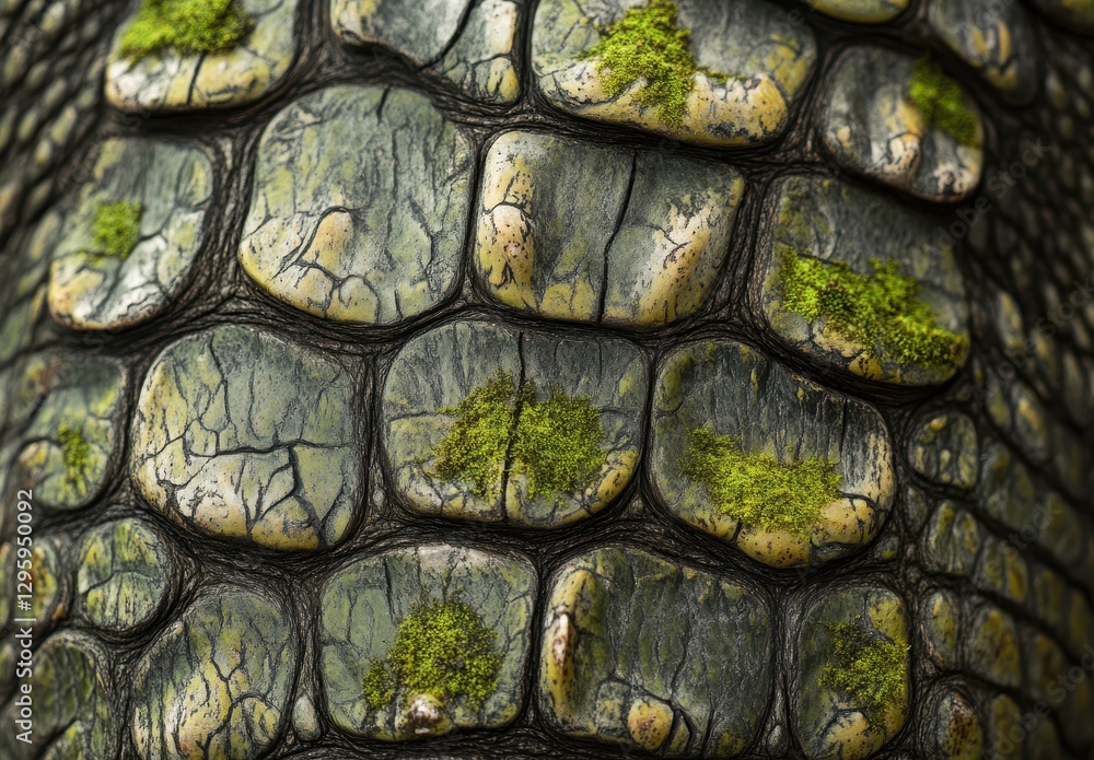 Poster close-up of textured surface of reptile skin with natural green moss and detailed patterns showing n