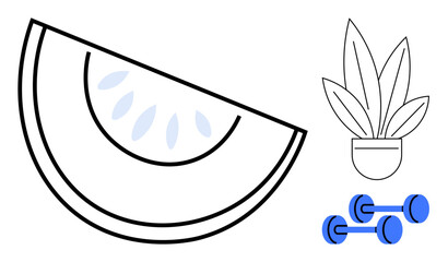 Fruit slice with seeds, potted plant, and two dumbbells. Ideal for health, fitness, wellness, diet, nature physical activity and lifestyle concepts. Simple abstract line flat metaphor