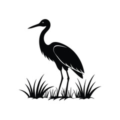 Black and White Heron Bird Silhouette with Grass – Vector Illustration