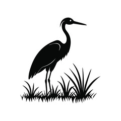 Black and White Heron Bird Silhouette with Grass – Vector Illustration