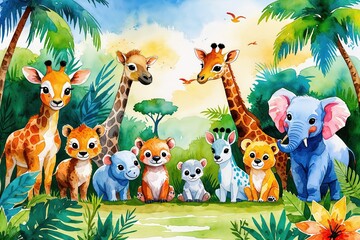 Naklejka premium Vibrant Watercolor Safari Landscape Featuring Cute Animals in a Colorful Design