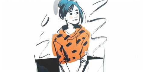 Naklejka premium Abstract image of a happy woman in an orange sweater with abstract lines. Digital art for fashion and creative design. Abstract image of girl with blue hair and orange shirt with black line. AIG51.