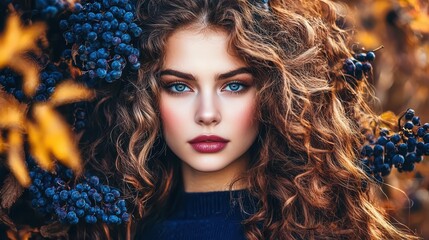 Fototapeta premium Beautiful Woman with Curly Hair Surrounded by Grapes
