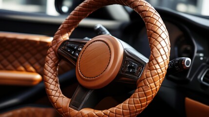 Luxury car interior, steering wheel close-up