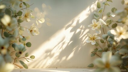 Delicate flowers and soft shadows create a serene atmosphere in a sunlit interior space