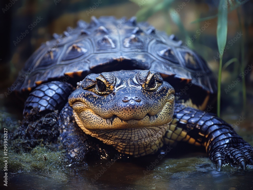 Poster close-up of unique turtle bathed in natural light, revealing detailed shell patterns and expressive 