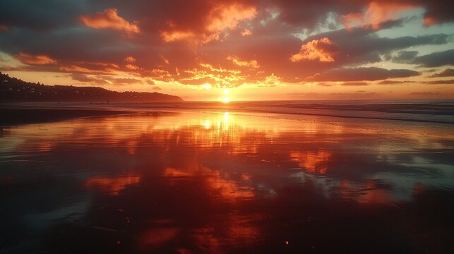 Breathtaking Sunset Over Tranquil Beach with Vibrant Orange and Red Sky Reflections on Calm Water Surface