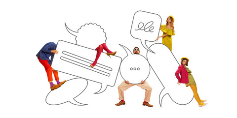 Team interacting with oversized speech bubbles, blending playful poses and bold colors to represent...