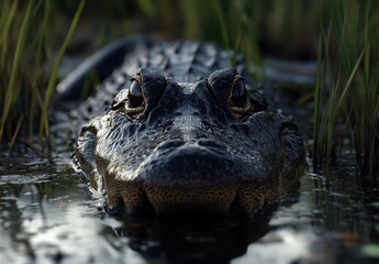 Obraz premium Close-Up Perspective of Alligator in Marshland, Capturing the Textures of Scales and Water Reflection in a Natural Setting