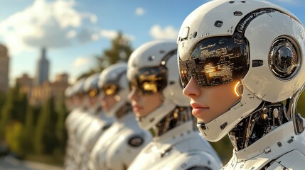 Artificial intelligence robots standing in a row in a city