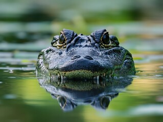 Fototapeta premium Close-up Portrait of a Crocodile Emerging from Water Surrounded by Lush Greenery and Reflections in Calm Water in a Natural Habitat