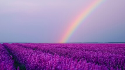 National Rainbow day with sky and spectrum idea. Vibrant lavender field under a rainbow sky.