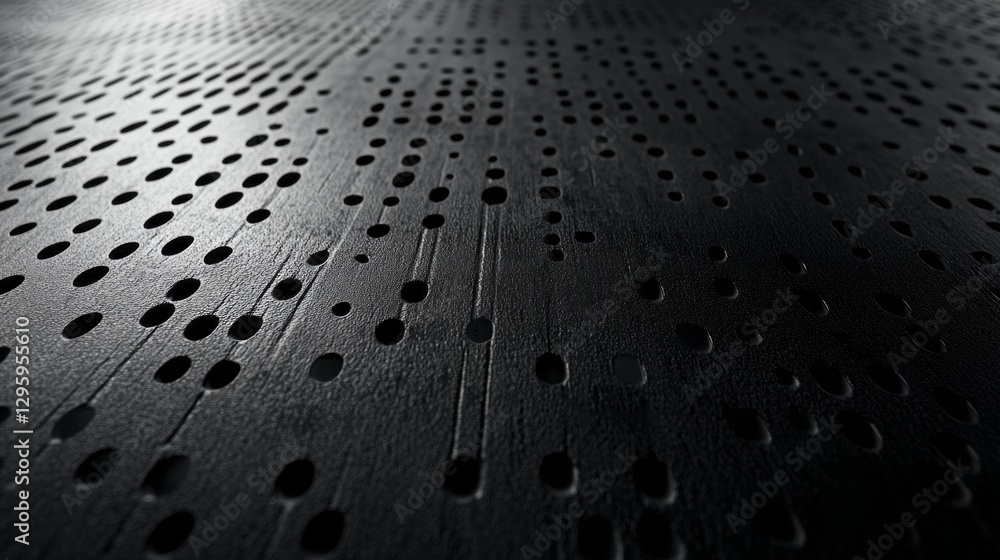 Poster shadows and light dance across a richly textured black surface dotted with unique perforations, show