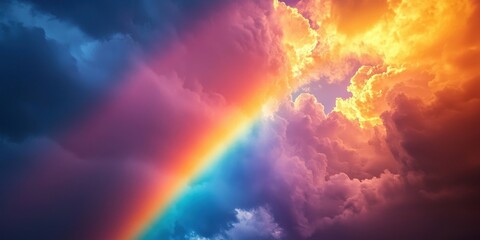 National Rainbow day with sky and spectrum idea. Vibrant rainbow emerging from colorful stormy clouds.