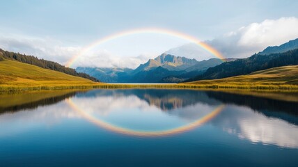 Obraz premium National Rainbow day with sky and spectrum idea. Serene landscape with a rainbow over a calm lake.