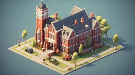 A traditional school building in isometric view with a clock tower and a welcoming entrance.