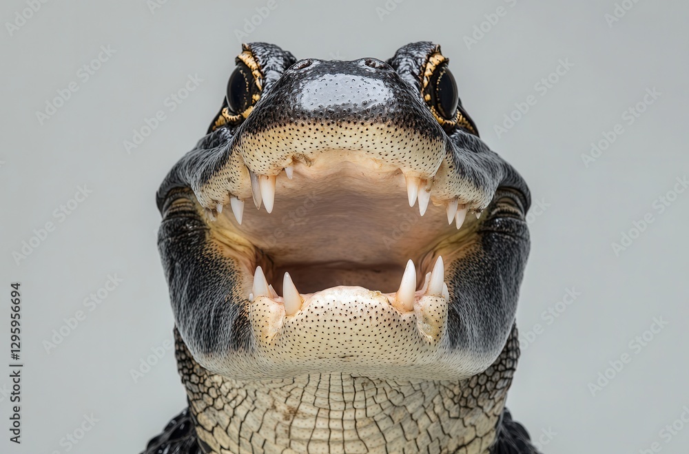 Poster close-up portrait of a fierce-looking reptile with sharp teeth and prominent eyes against a soft gre