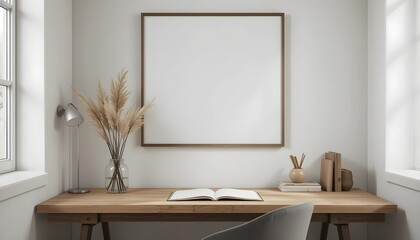 Minimalist Study Corner with Wooden Desk and Blank Canvas