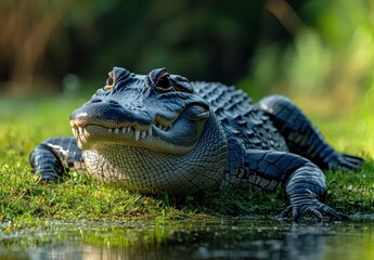 Fototapeta premium Close-Up Portrait of a Large Alligator Relaxing by the Water's Edge with a Lush Green Background and Reflections in the Calm Water