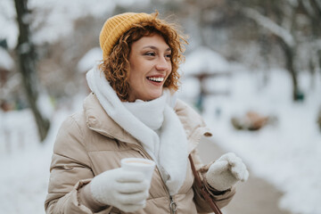 Smiling woman wearing warm winter clothing and holding a hot drink outdoors on a snowy day....