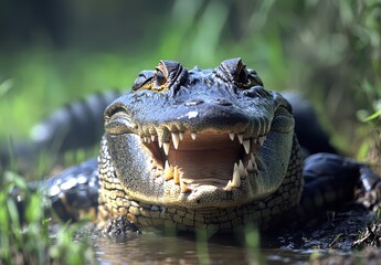 Obraz premium Close-Up Portrait of a Magnificent Alligator Displaying Sharp Teeth and Intense Eyes Surrounded by Lush Greenery in a Natural Habitat