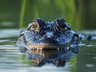 Fototapeta premium Close-Up Portrait of a Majestic Alligator Emerging from Calm Waters Surrounded by Lush Green Vegetation in a Natural Habitat