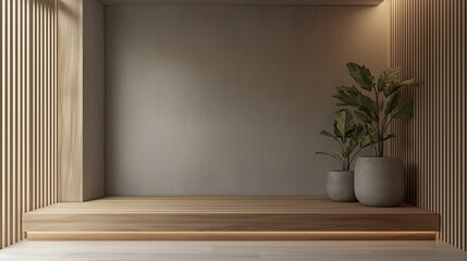 a modern interior features a wooden slat wall and a wooden bench