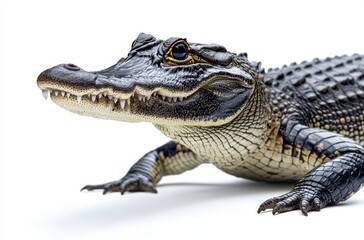 Obraz premium Close-Up Portrait of a Majestic Alligator with Detailed Skin Texture and Sharp Teeth on a White Background for Nature Photography