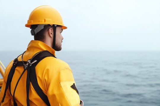 Worker in safety gear gazes at vast ocean, reflecting determinat