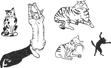 Funny cats doodles, hand-drawn whimsical illustrations sketch style