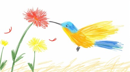 Hummingbird with yellow and blue feathers feeding from a red flower. Yellow and red flowers in the background. Pastel crayon drawing style