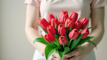 A young woman holding a bouquet of red tulips. The concept of a women's holiday.