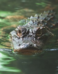 Fototapeta premium Close-Up Portrait of a Sinister Alligator Emerging from Deep Green Water Under Natural Light with Distinctive Scales and Sharp Teeth