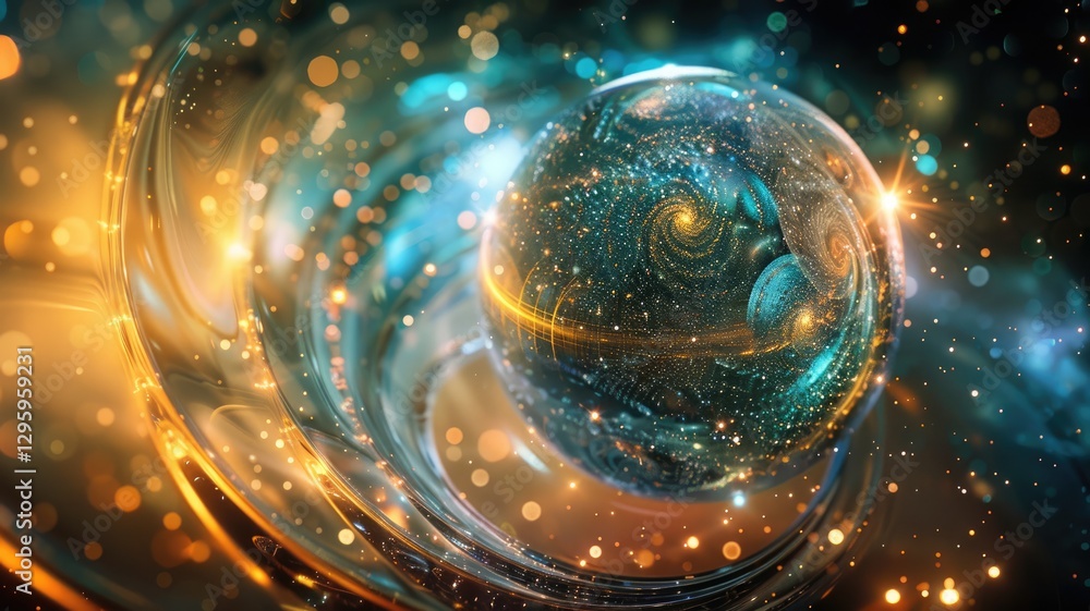 Poster abstract space scene with floating galaxies and planets. digital artwork of magical scene with natur