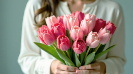 A young woman holding a bouquet of red tulips. The concept of a women's holiday.